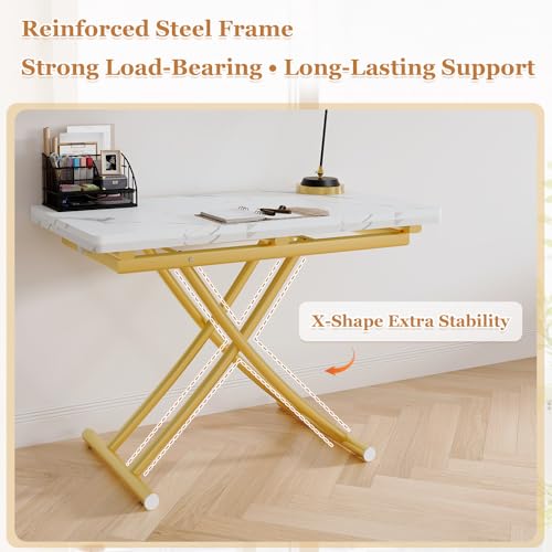Adjustable Height Coffee Table, Folding Dining Table, White&Gold | Convertible lift top table for use as a coffee table, dining table, home office desk or vanity - color: White & Gold Legs