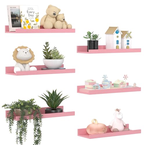 upsimples Floating Shelves for Wall Decor and Storage, Pink, 6Pcs 15.7'' | Wall Mounted Wood Shelves for Living Room, Bedroom, Bathroom, Kitchen, Office, Laundry Room Display and Organize - color: Pink, size: 15.7in