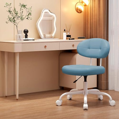 Misolant Vanity Chair with Back, Small Armless Cute Office Chair with Wheels and Lumbar Support, Comfy PU Leather Desk Computer Chairs with Adjustable Height, 360°Swivel for Home Bedroom Office, Blue - color: Blue