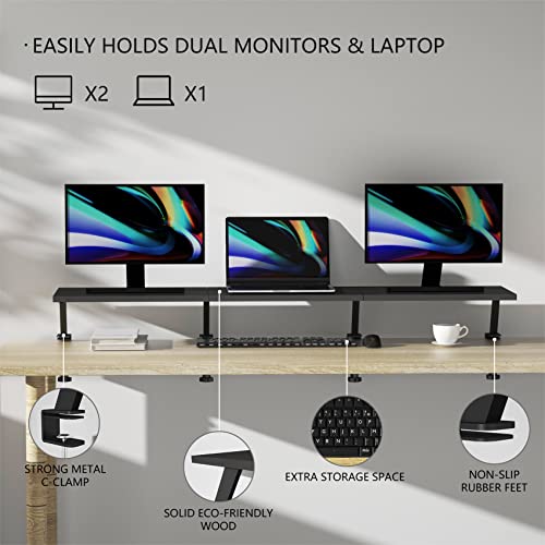 Extra-Large 45-Inch Wood Clamp On Desk Monitor Shelf with Spacious Storage Space - Fits 60-inch or Dual 32-inch Screens, C-Clamp Design with Rubber Pad, Max Load 44lbs - size: 45-INCH