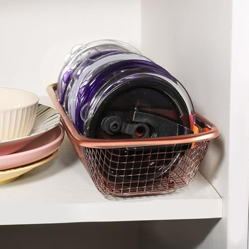 2Pack Stainless Steel Tumbler Cup Lid Organizer, Mason Jar Lid Holder | Rectangular, Rosegold, Stainless Steel Mesh, Cabinet Storage Basket, Silverware, Chopsticks, Straws, Utensils - style: RoseGoldModern-2pack