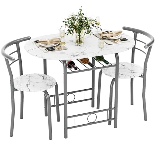 Flamaker Dining Table for 2, 3 Piece Round Table & Chair Set, Small Kitchen Table for Breakfast Nook, Wood Grain Tabletop and Built-in Storage Rack, Space Saving for Kitchen, Dining Room (White) - color: White