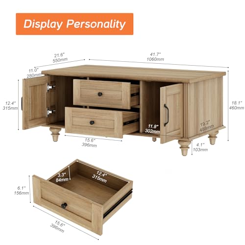 WAMPAT Farmhouse Coffee Table with Storage Cabinet & Drawer, 42 Inch, Oak | Rectangle Center Table, Thickened Tabletop, Solid Wood Legs, Metal Slide, Rustic Tea Table for Living Room, Home, Office - color: Oak