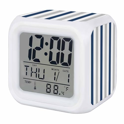 Digital Alarm Clocks for Bedroom,Navy Blue Stripe Gray Linen Cube Alarm Clock with Snooze and Nightlight Geometric Minimalist Style Silent Office Desk Clock Time/Date/Temperature Display - color: Blue