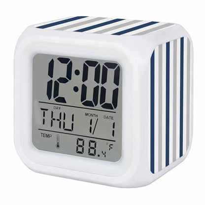 Digital Alarm Clocks for Bedroom,Navy Blue Stripe Gray Linen Cube Alarm Clock with Snooze and Nightlight Geometric Minimalist Style Silent Office Desk Clock Time/Date/Temperature Display - color: Blue