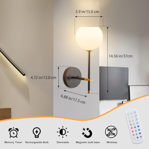Black Gold Battery Operated Wall Sconces Set of 2, Rechargeable Wireless Wall Lights with Milky White Frosted Glass, 12 RGB and 3CCT Dimmable, Wall Lamps with Remote for Bedroom Living Room Hallway - color: Black Gold
