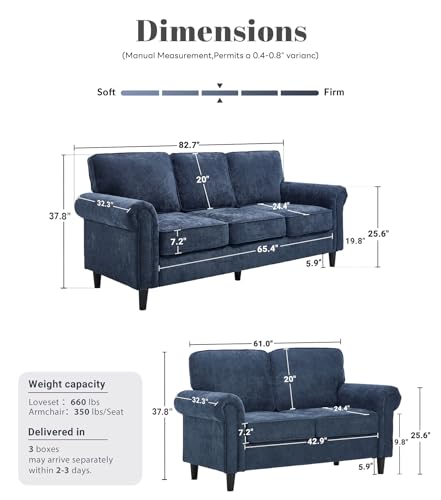 Loveseat 2 & 3 Seater Couch with Chair, Mid Century Modern Chenille Sofa Set with Rolled Arms and Deep Seats, Fluffy Comfort for Living Room, Apartment, Easy Assembly, Blue - color: Blue, size: Chenille Standard + Loveseat