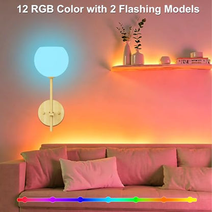 Wood Grain Battery Operated Wall Sconces Set of 2, Rechargeable Wireless Wall Lights with Milky White Frosted Glass, 12 RGB and 3CCT Dimmable Wall Lamps with Remote for Bedroom Living Room Hallway - color: Wood Grain