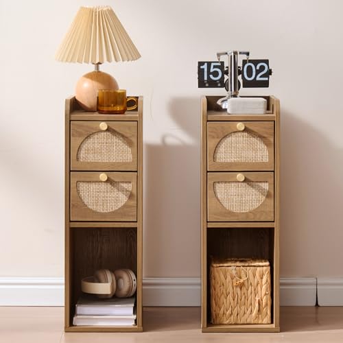 Narrow Nightstand Set of 2 (Rattan & Wood) - Small Bedside Table with 2 Drawers, Open Shelf, Mid Century Modern End Table - for Bedroom, Living Room & Small Spaces, Rustic Oak Rattan - color: Rustic Oak Rattan, size: 7.9"W (2 Pc)
