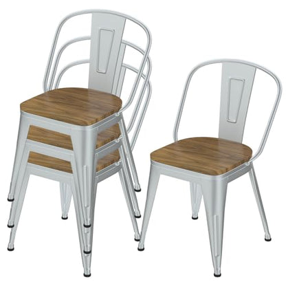 18 Inch Dining Chairs Set of 4, Farmhouse Metal Chairs with High Back and Wooden Seat, Stackable Industrial Bar stools for Dining Room(Silver) - color: Silver