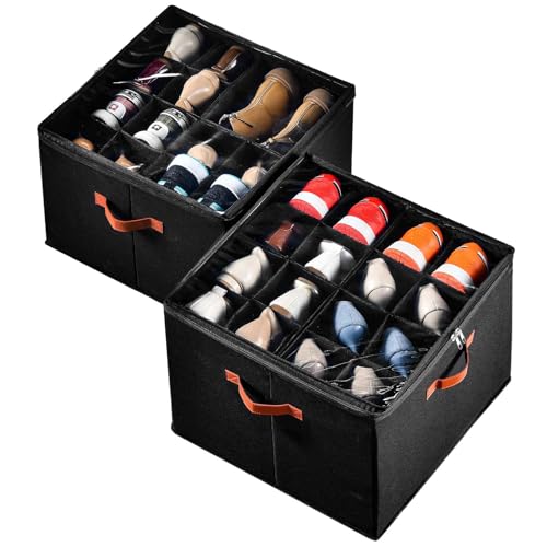 INSTY 2 Pack Shoe Organizer for Closet, Fits up to 32 Pairs, Adjustable Dividers for Shoe Storage, Space-Saving Shoe Bins and Clear Top, Black - color: 2 Pack Black