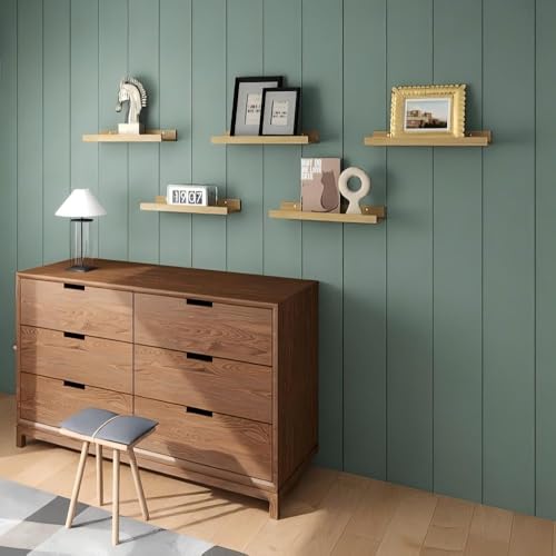 RICHER HOUSE 8-Set Floating Shelves with Lip, Oak Wall Mounted Wood Shelf | Display Picture Ledge Shelf, Anti-drop lip Shelf for Room Wall Decor, Bedroom Bathroom Storage Nursery Hanging Book Shelves - color: Oak