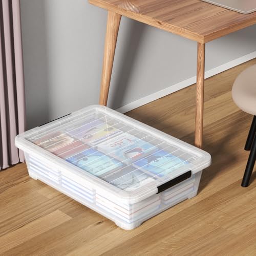 40 Quart Plastic Clear Underbed Storage Bin with Wheels, 3 Packs | Stackable Large Flat Under Bed Organization Boxes with Lids - size: 40 Quart