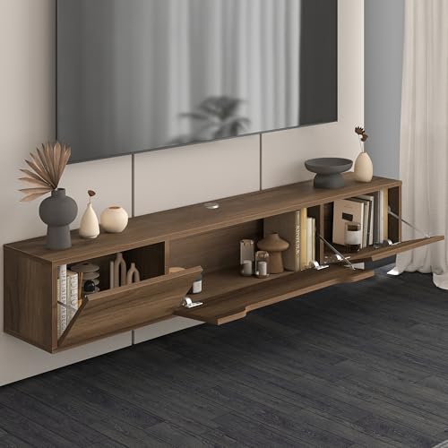 Atelier Mobili Floating TV Stand for Up to 80 Inch TVs – Wall Mounted Media Console with Handle-Free Doors – Modern Entertainment Center with Hidden Storage – White and Oak Finishes (Walnut) - color: Walnut