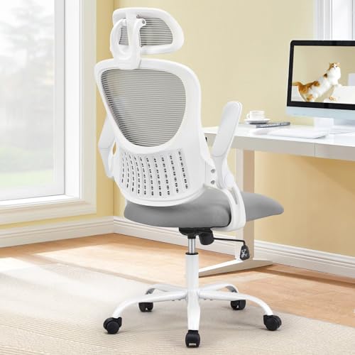 Sweetcrispy Computer Desk Chair, Mesh Office Chair with Lumbar Support | Ergonomic High-Back, Rolling Work, Adjustable Headrests, Flip-up Arms, Home Bedroom Study, Grey - color: Grey, style: Flip-up Armrest