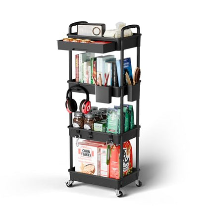 Sorgion 4 Tier Rolling Cart Organizer,Art Craft Diaper Bedside Snack Laundry Room Bathroom Organizer Narrow Thin Slim Rolling Trolley Utility Cart with Wheels for Kitchen,Office(Black) - size: 4Tier-Black
