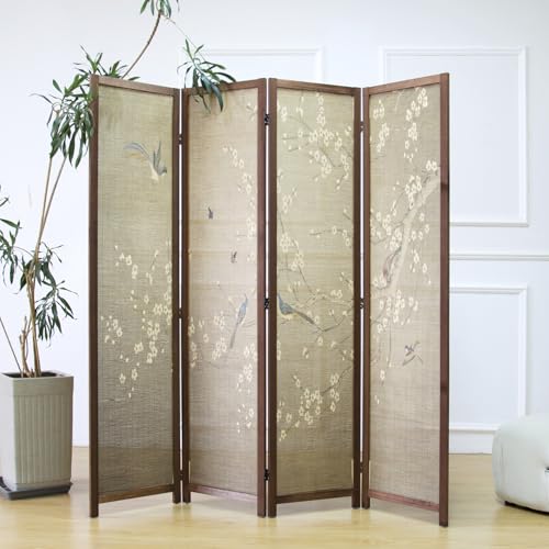 4 Panel Bamboo Room Divider for Room Separation, 5.6 ft Tall Double-Sided Folding Privacy Screen with Premium Thickened Wood Frame, White Plum and Birds (67" H x 63" W) - color: Plum and Birds, size: 4 Panel