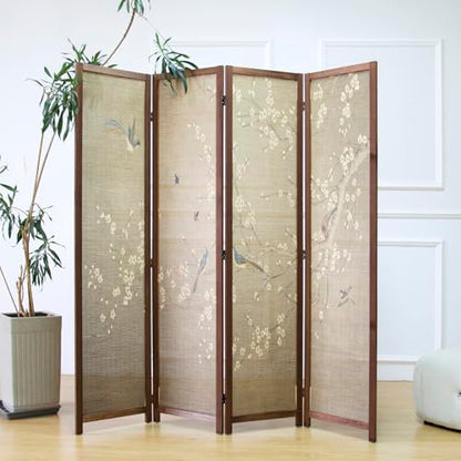 4 Panel Bamboo Room Divider for Room Separation, 5.6 ft Tall Double-Sided Folding Privacy Screen with Premium Thickened Wood Frame, White Plum and Birds (67" H x 63" W) - color: Plum and Birds, size: 4 Panel
