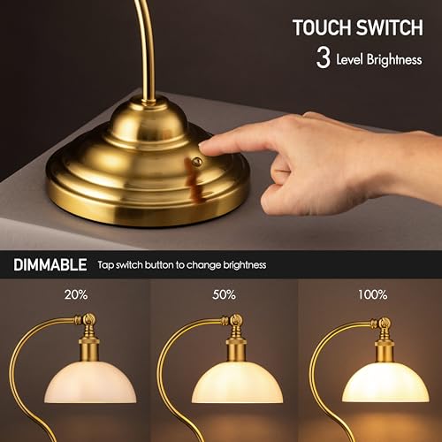 O'Bright Bankers - Cordless LED Table Lamp, Battery-Operated, Rechargeable, 3-Level Dimming, Universal USB-C Charging, 180° Swivel Head, White Jade Glass Shade, Antique Brass - color: Antique Brass-White Glass
