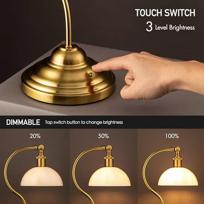 O'Bright Bankers - Cordless LED Table Lamp, Battery-Operated, Rechargeable, 3-Level Dimming, Universal USB-C Charging, 180° Swivel Head, White Jade Glass Shade, Antique Brass - color: Antique Brass-White Glass