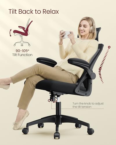 VASAGLE Office Chair, Adjustable Mesh with Lumbar Support and Headrest | Ergonomic desk chair, 90-105° tilt function, wide seat, flip-up armrests, home office, Ink Black UOBN044BH01S - color: Ink Black, size: Set of 1, style: Office Chair With Headrest