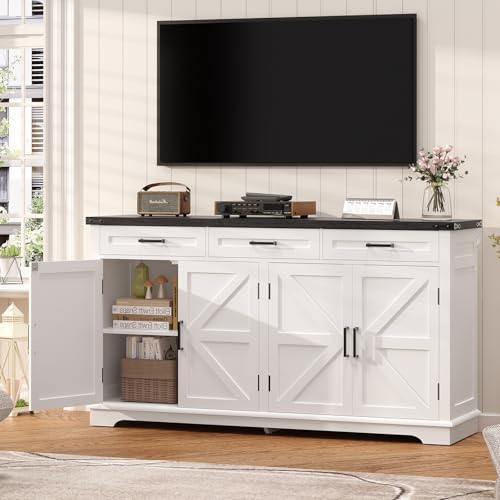 usikey Large Sideboard Buffet Cabinet with 4 Doors and 3 Drawers, Farmhouse Buffet Table, Dining Room Storage Cabinet for Kitchen or Living Room, White