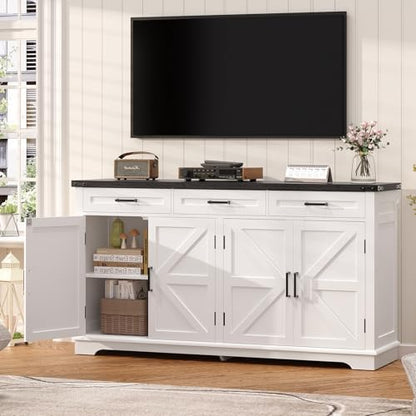 usikey Large Sideboard Buffet Cabinet with 4 Doors and 3 Drawers, Farmhouse Buffet Table, Dining Room Storage Cabinet for Kitchen or Living Room, White