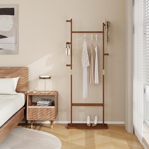 Solid Wood Coat Rack Freestanding, 71" Heavy Duty Clothes Rack with Dual Rods & Hooks, Stable Space Saving Hall Tree Entryway Organizer for Bedroom, Living Room (Walnut) - color: Walnut