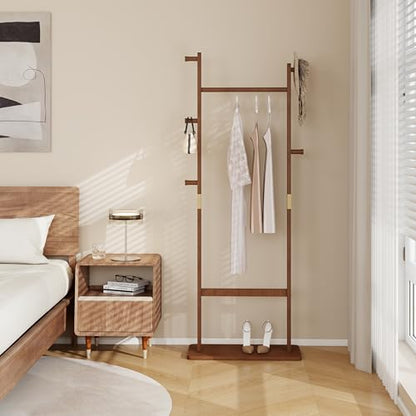Solid Wood Coat Rack Freestanding, 71" Heavy Duty Clothes Rack with Dual Rods & Hooks, Stable Space Saving Hall Tree Entryway Organizer for Bedroom, Living Room (Walnut) - color: Walnut