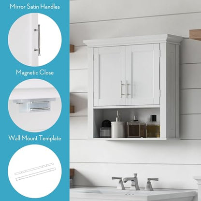 RiverRidge Somerset Two-Door Bathroom Wall Mount Medicine Cabinet, White | Open Display Shelf, Adjustable Interior Shelf, Two-Tone Handles, Space-Saving, Laundry Storage - color: White