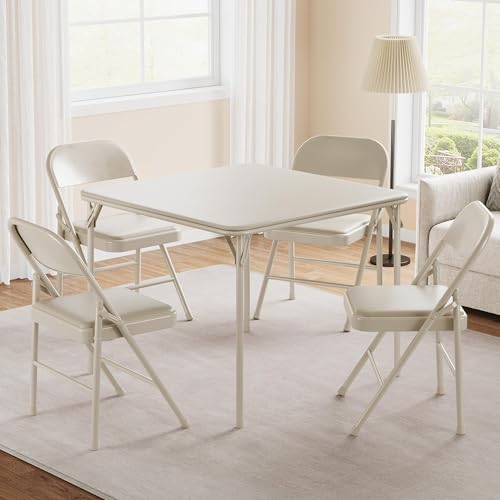 Folding Card Table and Chair Set of 5, No Assembly Required, Beige | Portable Square Card Table with 4 Padded Chairs, Foldable Chairs and Tables for Home, Indoor and Outdoor, Space-Saving