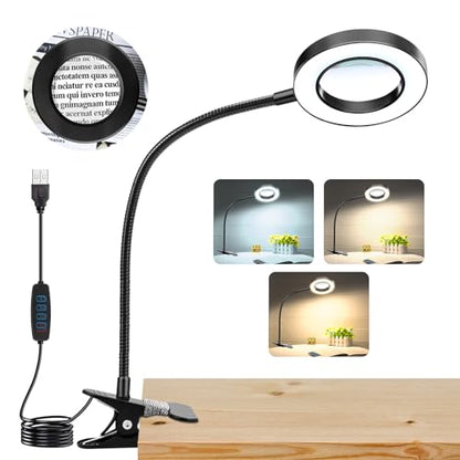10X Magnifying Glass with Light, Clip on Mganifier with Light, 48 LED Desk Magnifying Glass wtih Clamp, 3 Modes Dimmable Magnifying LED Lamps for Bed Work Crafts DIY Repair Black - color: Black