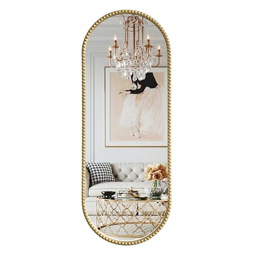 Antique Gold Full Length Mirror Vintage Oval Full Body Mirror Hanging Dressing Beaded Wall Mounted Mirror Decorative Wall Mirrors for Entryway Bedroom 53"X20" - color: Gold, size: 20"L x 53"W