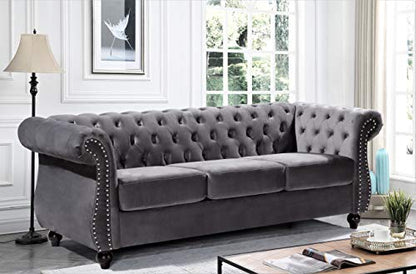 GDFStudio 82.6" Chesterfield Sofa Set, Modern Velvet Upholstered Sofa Set, Comfy 3 Seat Couch with Loveseat for Living Room Apartment, Button Tufted Rolled Arms Solid Wood Legs Spring Cushion, Black - color: Grey, size: 3+2 Seat