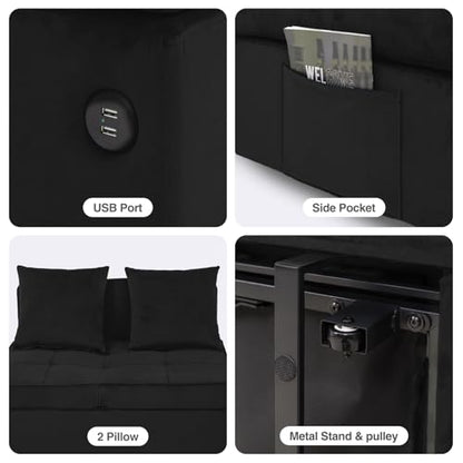 Convertible Sofa Bed 4-in-1 Pull Out Couch, Ottoman Bed Sleeper, Black | Velvet Love seat Couch Sleeper Chair Bed with USB Ports, 5 Adjustable Backrest and Pillow for Living Room Apartment Office - color: Black