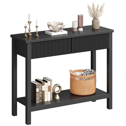 HOOBRO 39.4" Console Table with 2 Wavy Drawers, Narrow Long Entryway Table with Storage Shelf, 2 Tier Modern Sofa Table Wooden Behind Couch Table, Hallway Table for Living Room, Black BK89XG01N1