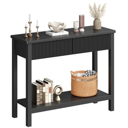 HOOBRO 39.4" Console Table with 2 Wavy Drawers, Narrow Long Entryway Table with Storage Shelf, 2 Tier Modern Sofa Table Wooden Behind Couch Table, Hallway Table for Living Room, Black BK89XG01N1