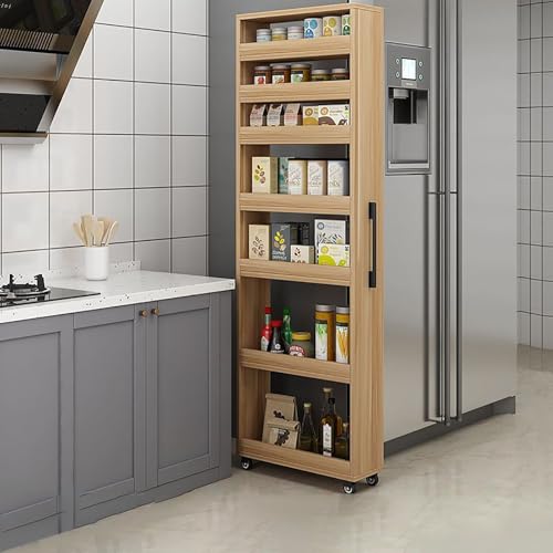 Slim Rolling Storage Cart, Narrow Kitchen Storage Rack with Wheels, Tall Gap Organizer Shelf for Small Spaces, 7-Tier Movable Food Cabinet for Refrigerator Side - color: Wood, size: 5.9"x19.7"x72.4" (15x50x184cm)
