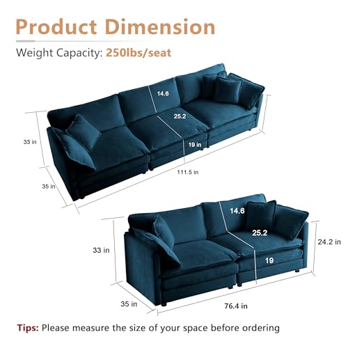 Luxury Oversized 3 Piece Sofa Set, 2 Pieces of 2 Seater and 1 Piece of 3 Seater Sofa, Modern Chenille Comfy Cloud Couches Set with 13 Pillow for Living Room Office, Blue - color: Blue, size: 3+2+2