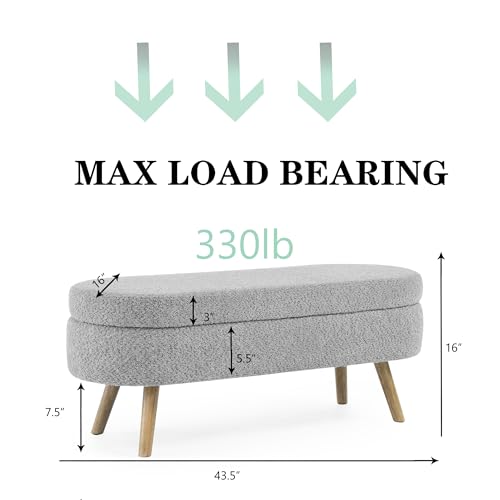 43.5" Ottoman with Storage, Storage Ottoman Bench with Safety Hinge, Foam End of Bed Bench, Upholstered Entryway Bench for Bedroom, Living Room & Window, Holds up to 330 lb, Grey - color: Grey+foam, size: 16"D x 43.5"W x 16"H