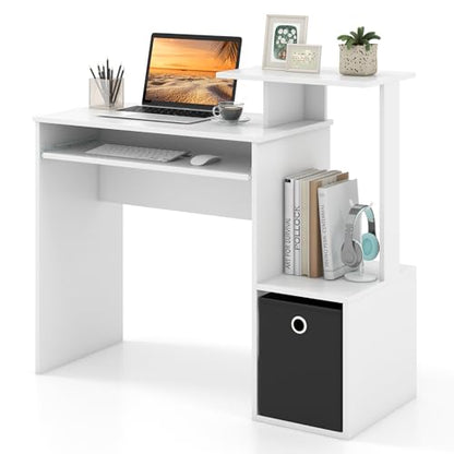 Tangkula Computer Desk with Fabric Drawer & Keyboard Tray, Space-Saving Study Writing Desk with Open Storage Shelves & Printer Stand, Modern Home Office Computer Workstation for Small Spaces (White)