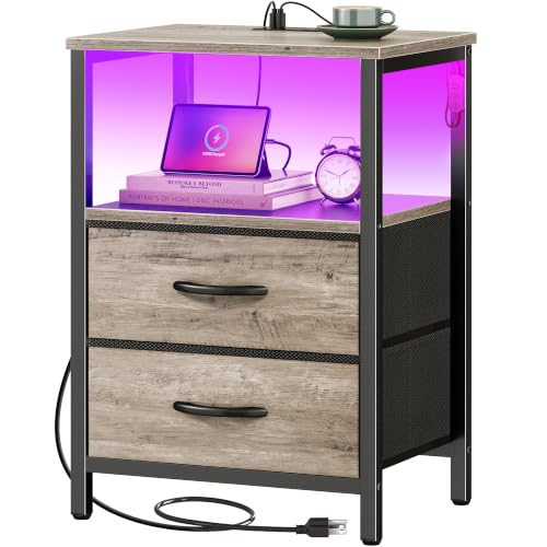 Huuger Night Stand with Charger Station and LED Lights, 2 Drawer Nightstand | Bed Side Table with Open ShelfEnd TableFabric Drawers for Bedroom, Oak - color: Oak, size: 11.8"D x 15.7"W x 23.6"H（2 Drawers）