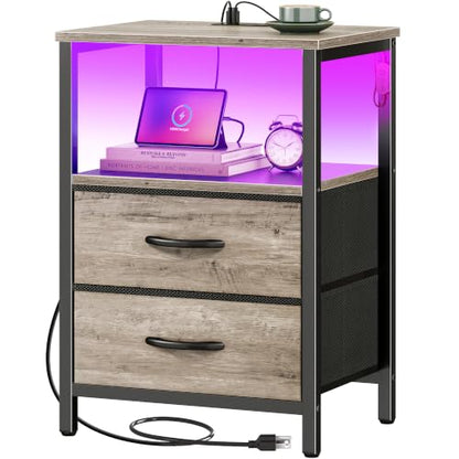 Huuger Night Stand with Charger Station and LED Lights, 2 Drawer Nightstand | Bed Side Table with Open ShelfEnd TableFabric Drawers for Bedroom, Oak - color: Oak, size: 11.8"D x 15.7"W x 23.6"H（2 Drawers）