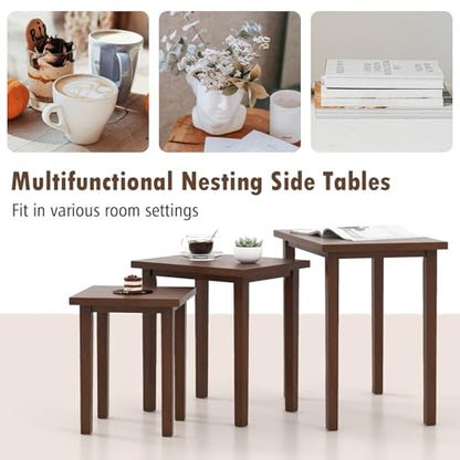Giantex Nesting Tables Set of 3, Farmhouse Stacking Side Table with Rubber Legs, Wooden Rectangle Accent End Table, Nesting Coffee Tables for Living Room Bedroom (Walnut) - color: Walnut