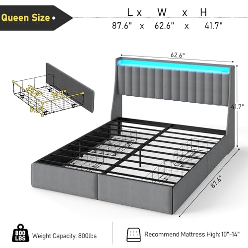 SADENICEL Queen Bed Frame with 4 Storage Drawer, Queen Size Bed Frame, Grey | Headboard with Charging Station and LED Lights, Metal Platform Bed with Storage Shelf, Noise Free, No Box Spring Needed - size: Queen, style: Channel Tufted & 4 Storage Drawers