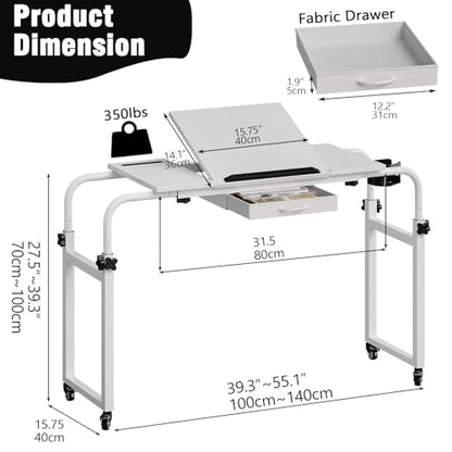 GiftGo Overbed Table with Wheels Rolling Laptop Desk Cart Table Height and Length Adjustable for Hospital and Home Use Over The Bed Table with Storage Drawer and Cup Holder (White, 31.5 to 47) - color: White