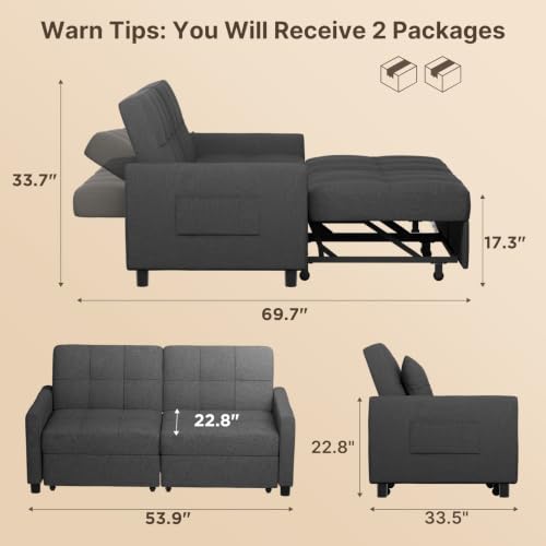 Aiho 54" Sleeper Sofa Bed, Pull-Out Couch, Dark Gray | Pull-out Sofa Bed with Adjustable Backrest and Side Pocket, Ideal for Apartments, Guest Rooms and Living Rooms - size: 2 Seater