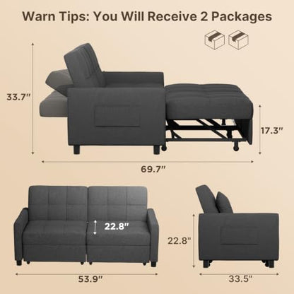 Aiho 54" Sleeper Sofa Bed, Pull-Out Couch, Dark Gray | Pull-out Sofa Bed with Adjustable Backrest and Side Pocket, Ideal for Apartments, Guest Rooms and Living Rooms - size: 2 Seater