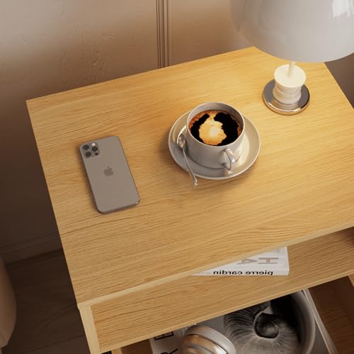 Rattan Nightstand,Farmhouse Bedside Table with 2 Storage Drawer and Open Wood Shelf, for Bedroom and Small Spaces,Night Stand with Solid Wood Legs (Yellow Oak) - color: Yellow Oak