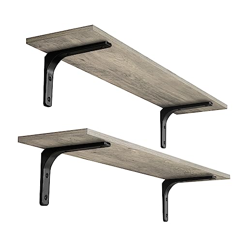 Long Wall Shelves, 31.5Inch Wooden Wall Mounted Shelves, Set of 2 | Floating Book Shelf, Metal Brackets, Easy Assembly, Max Load 22lbs, Wall Storage Ledges, Bedroom/Bathroom/Kitchen, Gray Wash - color: Gray Wash, size: 31.5 Inch